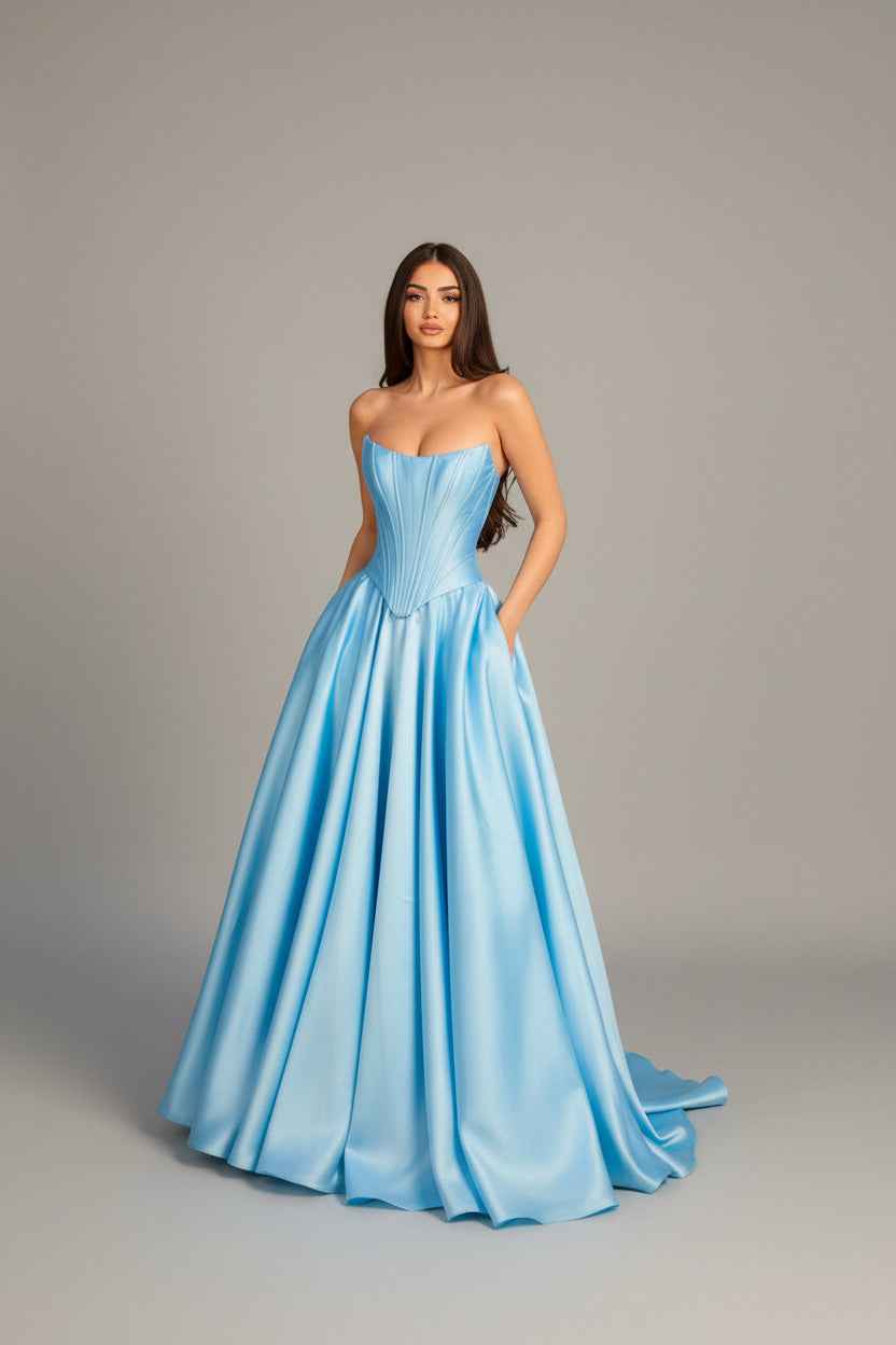 Strapless Floor-Length Mikado Corset Formal Gown by Tina Holly