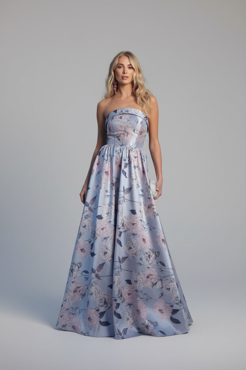 Strapless Floor-Length Floral Formal satin A-Line mac duggal Dress available at KONFIDENTIAL KOUTURE