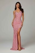 Fitted Long Slit Sequin Velvet Formal Gown