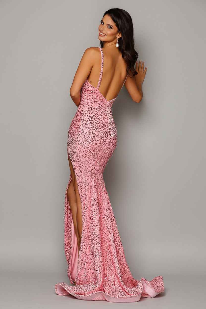 Fitted Long Slit Sequin Velvet Formal Gown