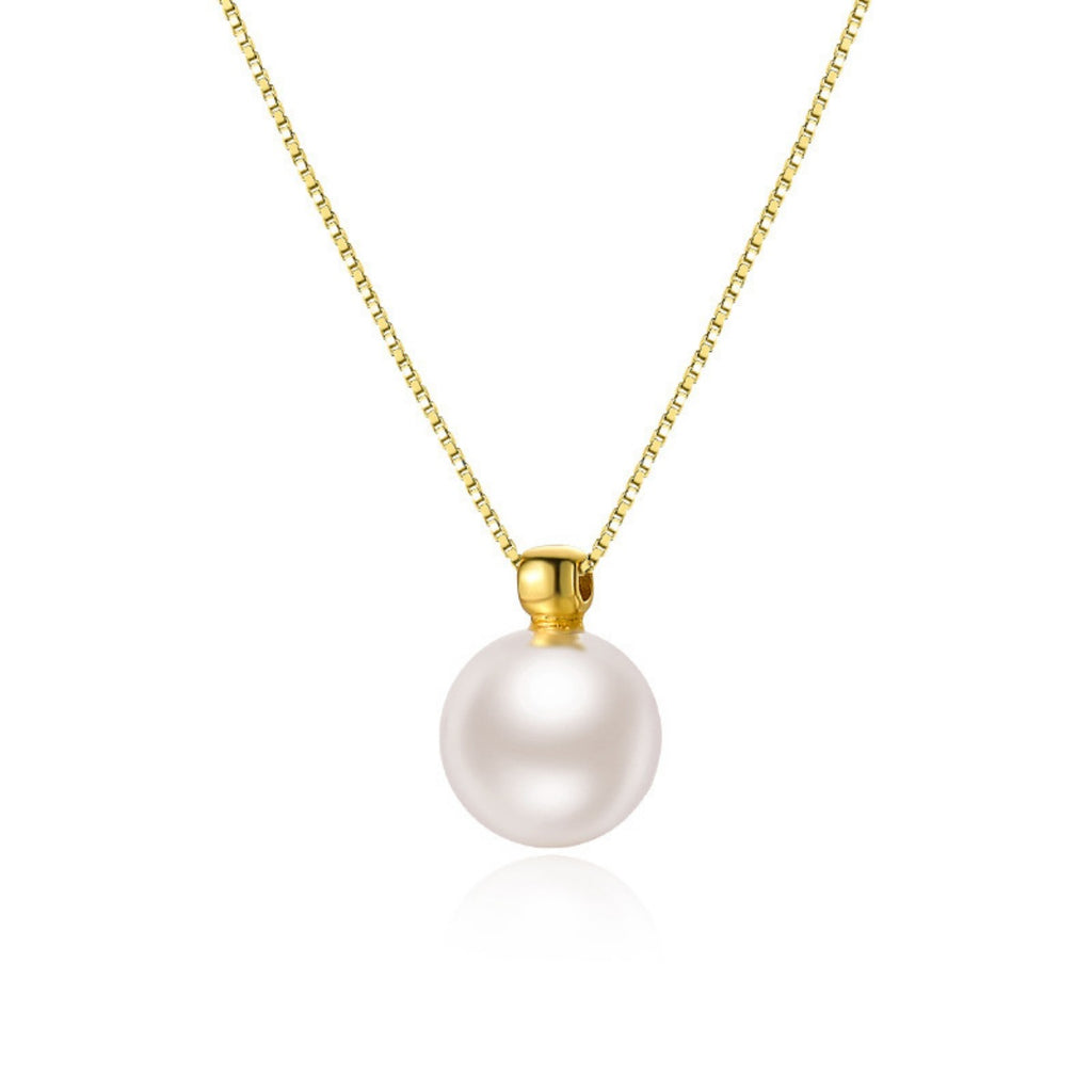 Pearl necklace with gold clasp on a white background