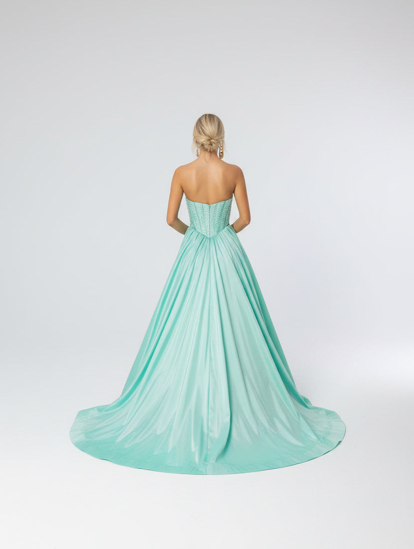 portia and scarlett Sweetheart Floor-Length Satin Corset Formal Ball Gown back view in mint, available at konfidential kouture nz