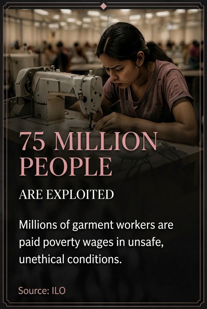 A dark advocacy-style graphic with a photo of a woman sewing in a garment factory and large text reading '75 MILLION PEOPLE ARE EXPLOITED' and 'Millions of garment workers are paid poverty wages in unsafe, unethical conditions.' Source cited as ILO.