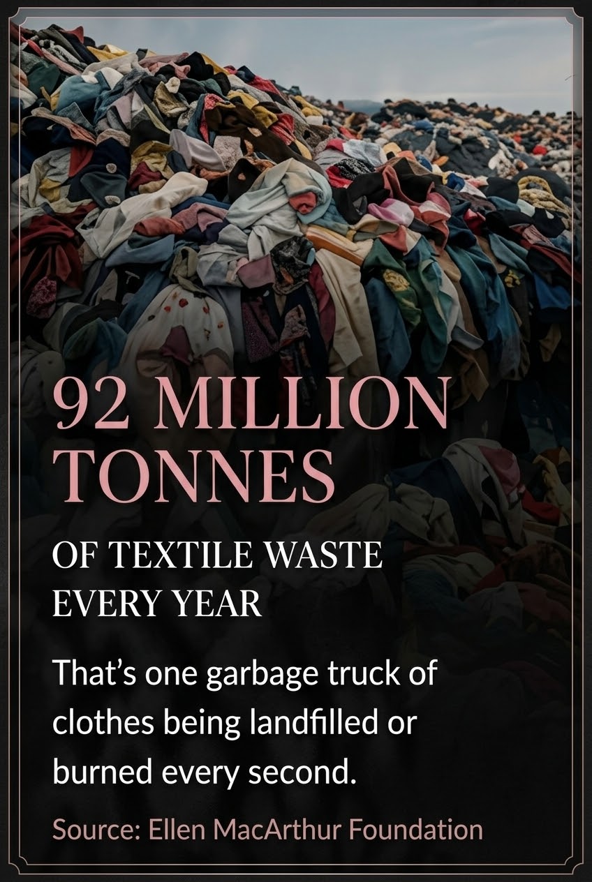 Text-based awareness graphic showing a large pile of discarded clothing in the background, with the headline '92 MILLION TONNES OF TEXTILE WASTE EVERY YEAR' and supporting text about landfill and burning, plus a source line for Ellen MacArthur Foundation.
