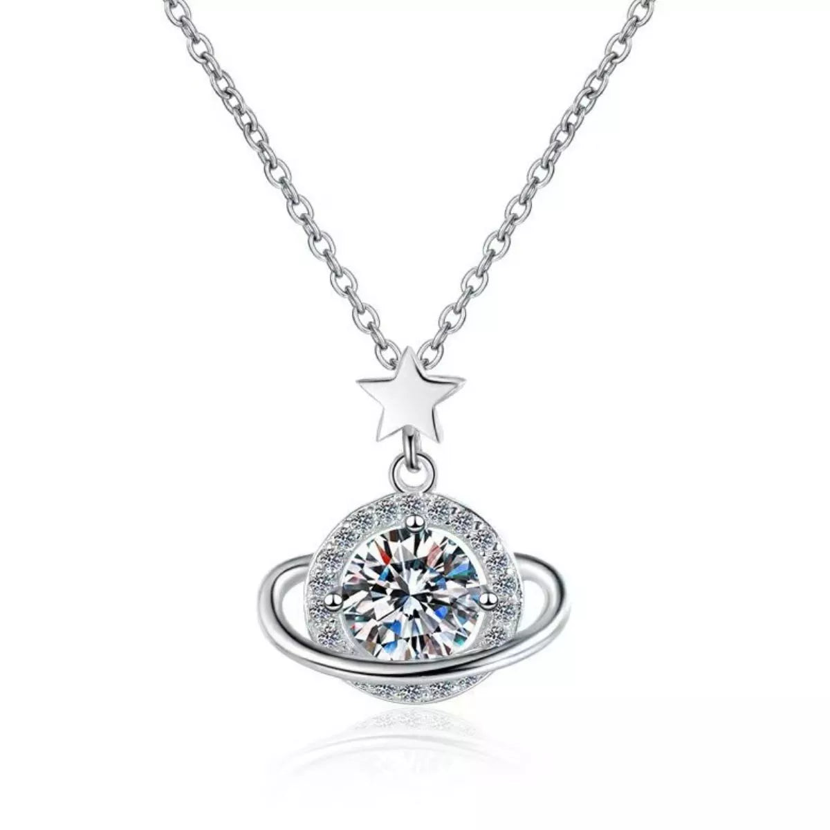 Silver necklace with a star and circular pendant on a white background