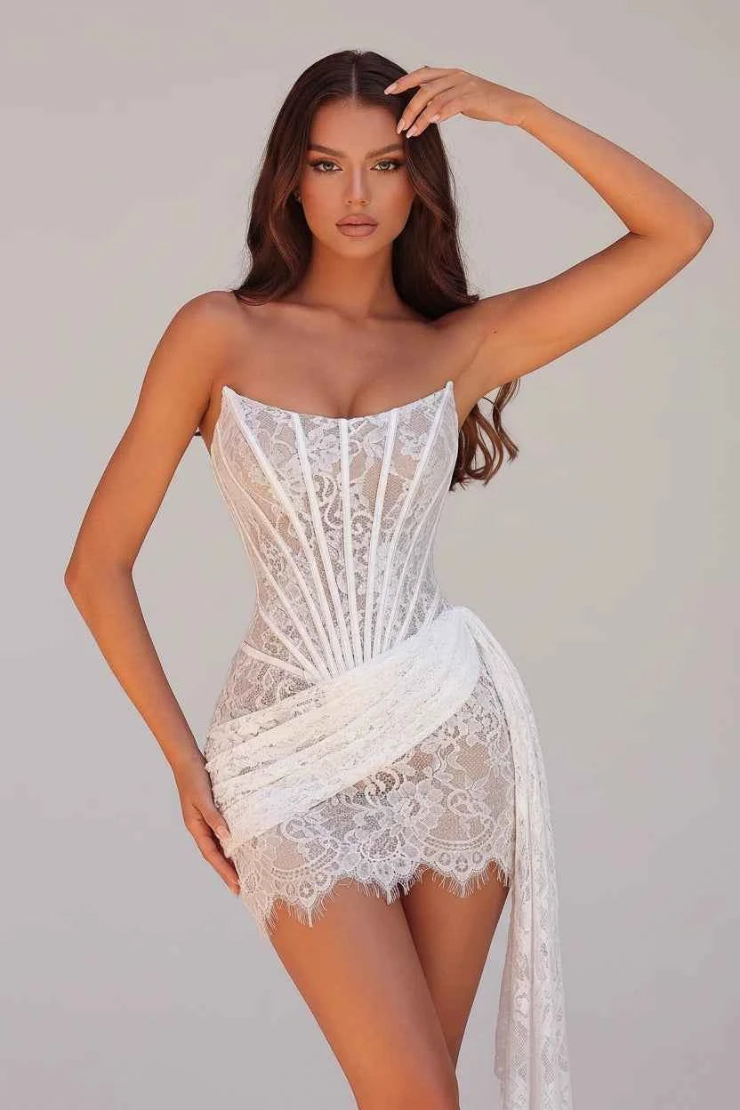 Women's Strapless Lace Backless Mini Evening Dress
