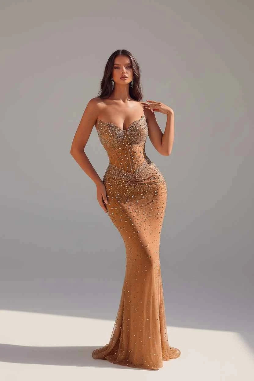 Women's Off-Shoulder Rhinestone Ruched Maxi Evening Dress Apricot