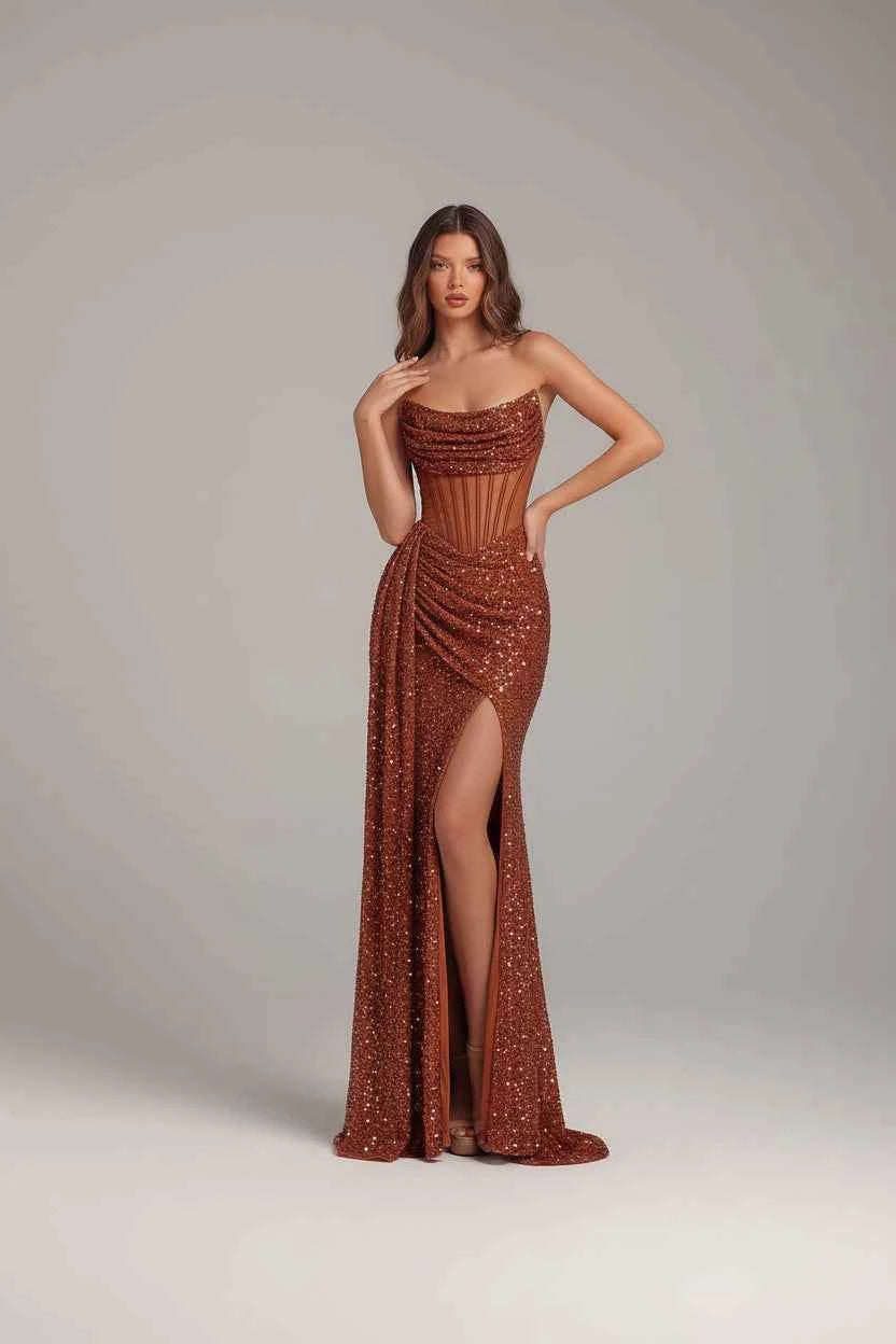 Women's Off-Shoulder Sequined Corset Ruched Maxi Evening Dress