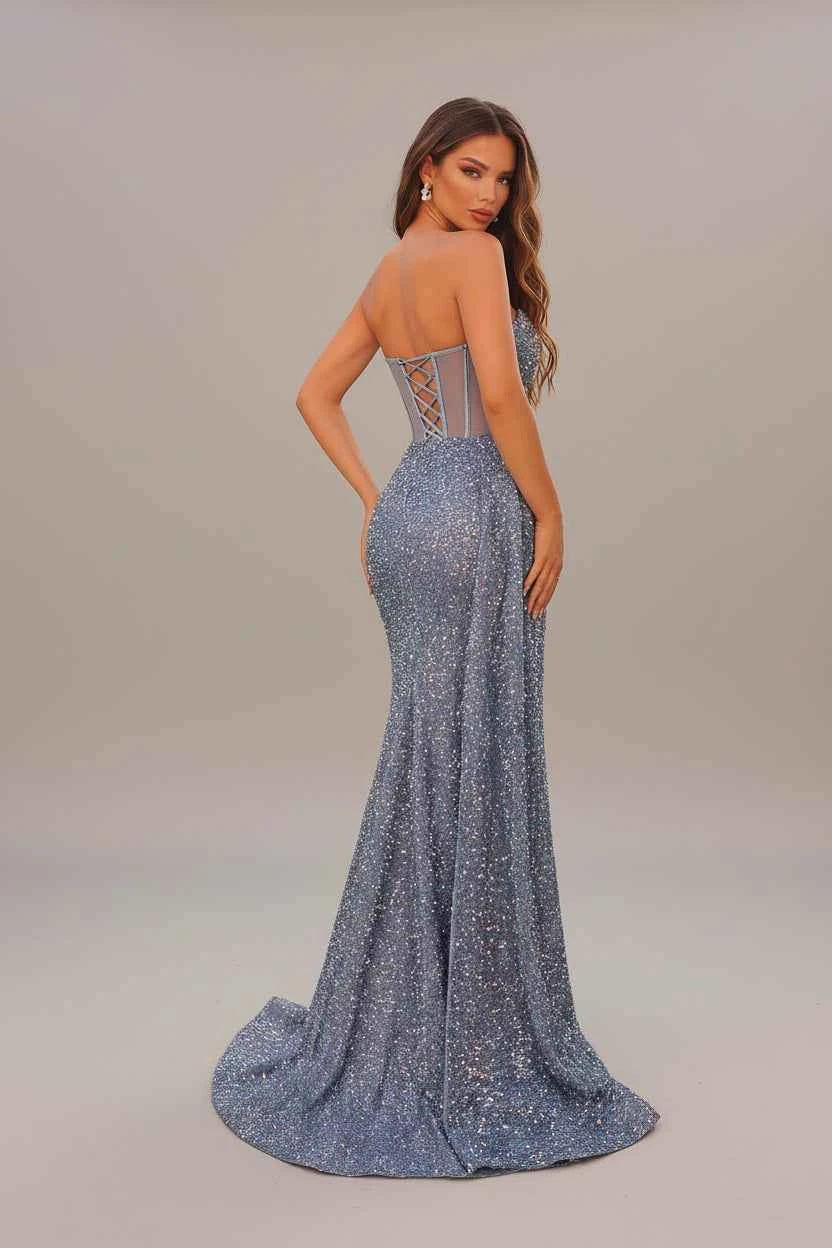 Women's Off-Shoulder Sequined Corset Ruched Maxi Evening Dress