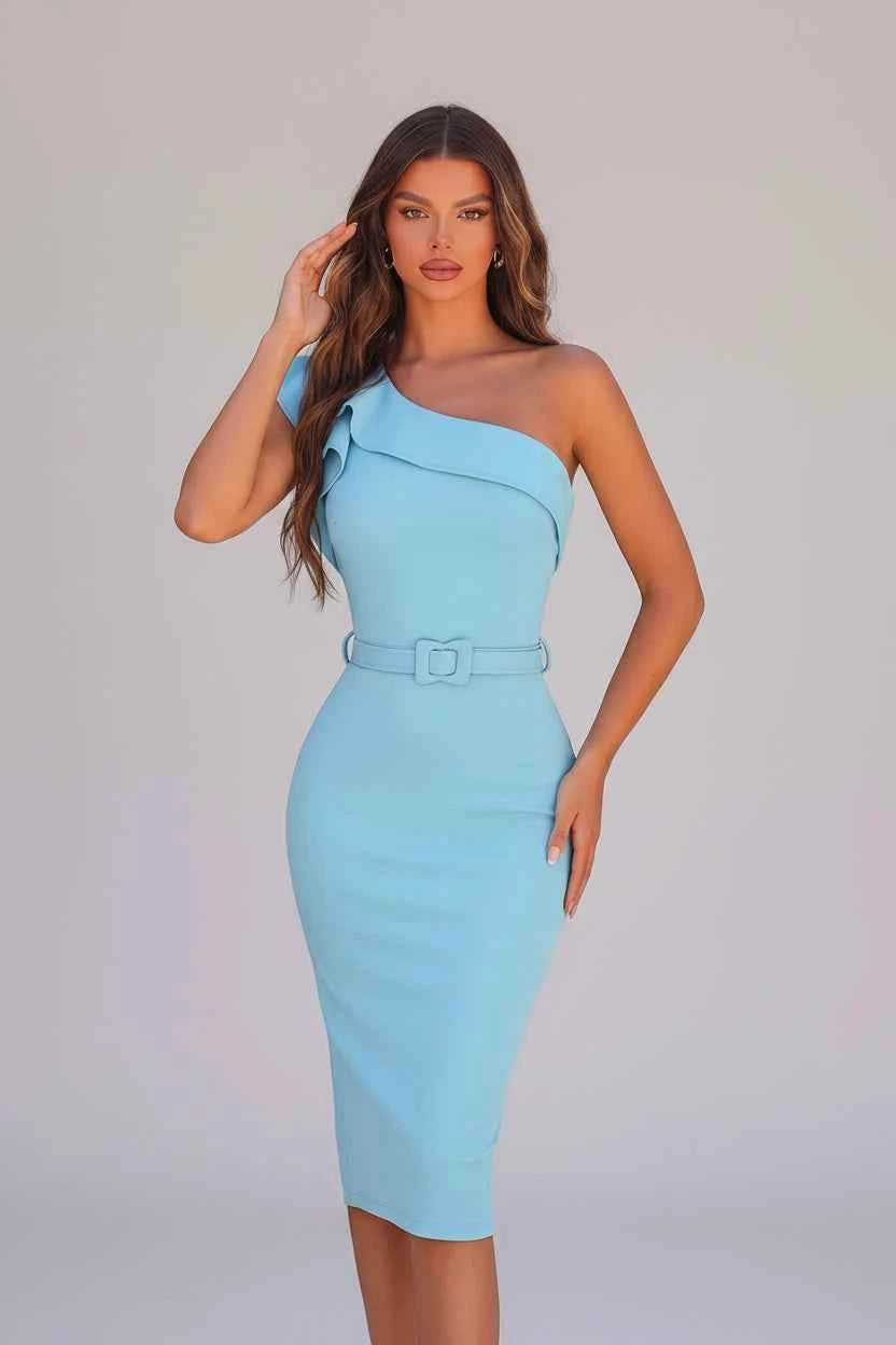 Women's One-Shoulder Ruffle Sleeve Bodycon Midi Evening Dress