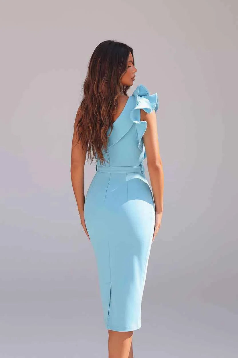 Women's One-Shoulder Ruffle Sleeve Bodycon Midi Evening Dress