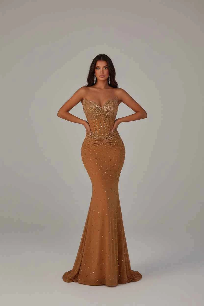 Women's Off-Shoulder Rhinestone Ruched Maxi Evening Dress Apricot