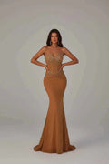 Women's Off-Shoulder Rhinestone Ruched Maxi Evening Dress Apricot