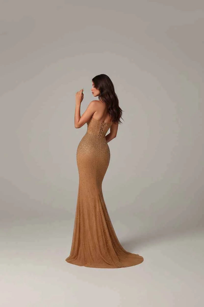 Women's Off-Shoulder Rhinestone Ruched Maxi Evening Dress Apricot