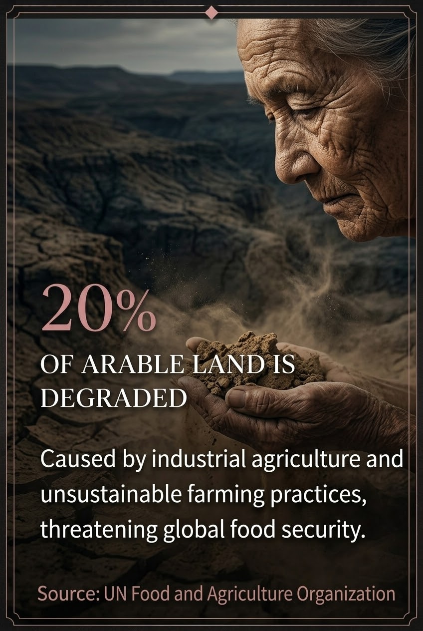 A dark, dramatic poster-style graphic showing an elderly woman's face and hands over a degraded desert landscape. Large text reads: '20% OF ARABLE LAND IS DEGRADED' with additional text about industrial agriculture and unsustainable farming practices, plus a source line for the UN Food and Agriculture Organization.