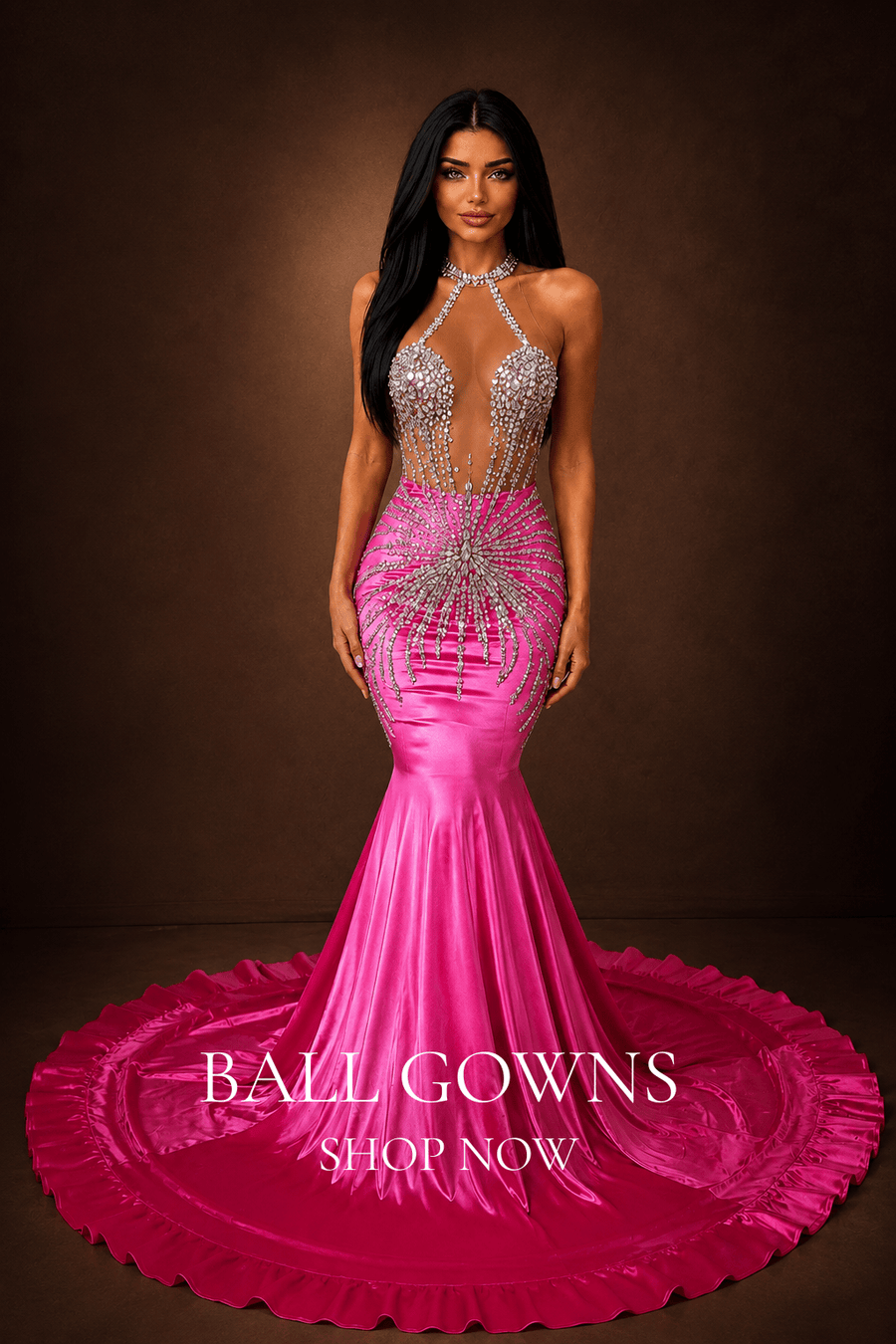 A woman modeling a bright pink ball gown with a plunging beaded bodice, halter neckline, and dramatic flared ruffled hem against a dark brown studio background. White text at the bottom reads 'BALL GOWNS SHOP NOW'.