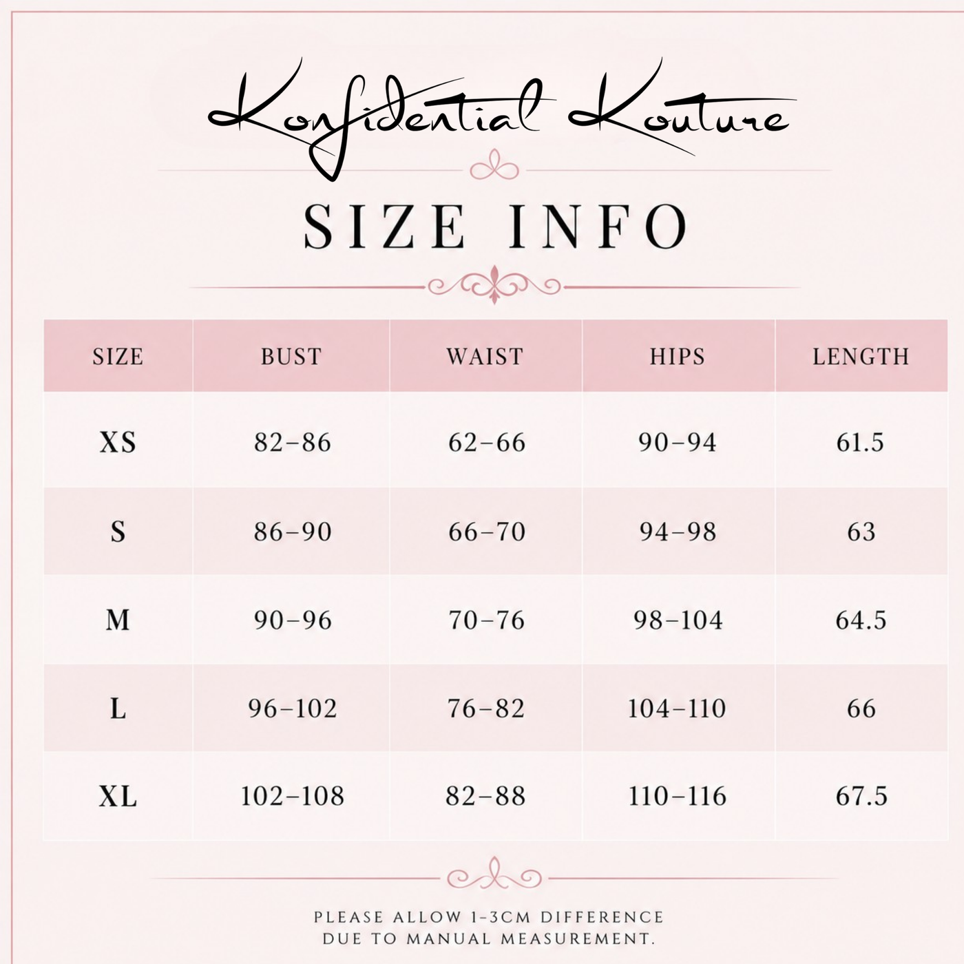 Pink clothing size chart | Konfidential Kouture