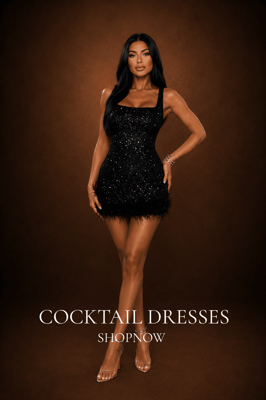 A woman modeling a short black sequined cocktail dress with feather trim against a dark brown studio background. White text at the bottom reads 'COCKTAIL DRESSES SHOPNOW'.
