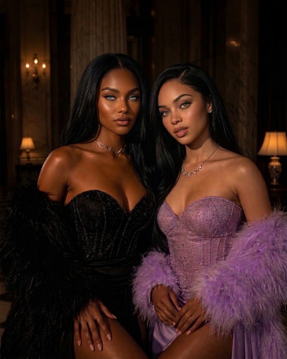 Two women posing in elegant strapless evening gowns, one in a black velvet corset dress with a black feather boa and the other in a lavender-purple corset dress with a lavender feather boa, set against a dimly lit, luxurious interior background.