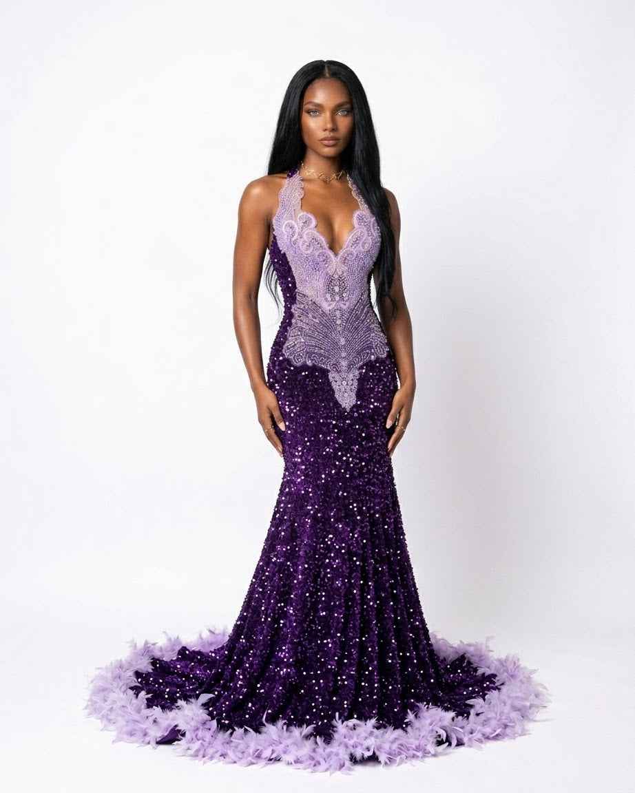 Purple Rhinestone Sequin Gown - Dazzle at Every Occasion