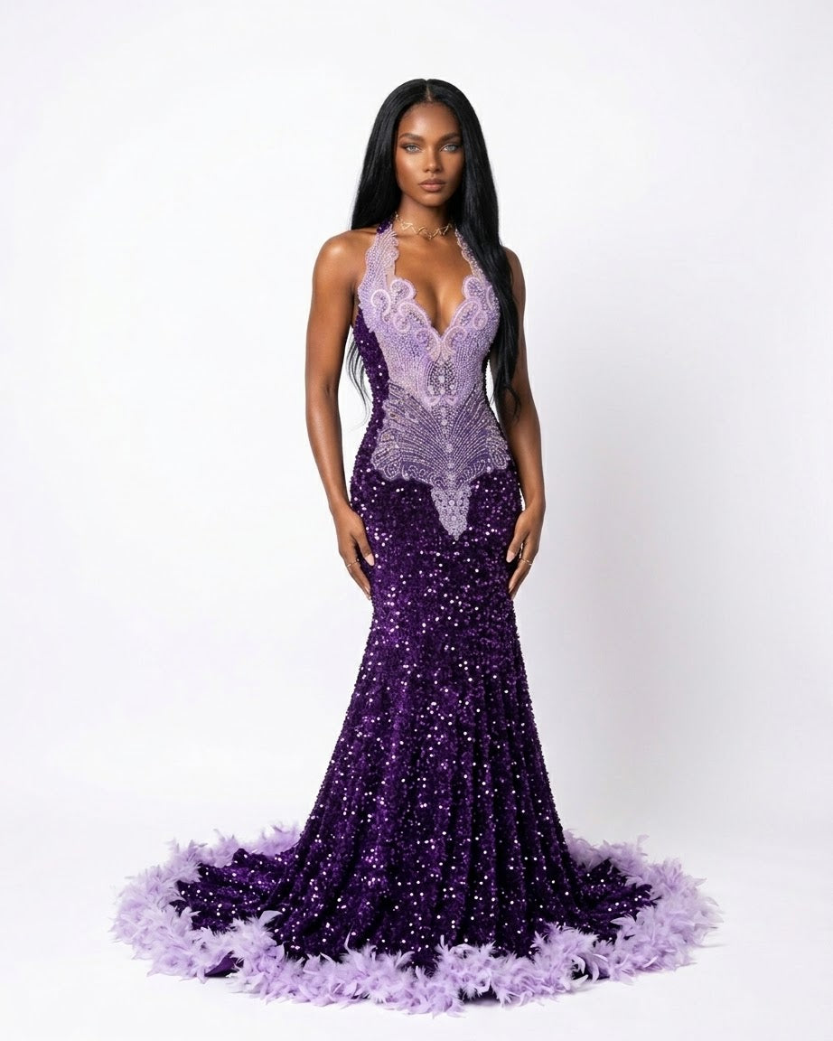 A model wearing a formal mermaid gown with a lavender lace bodice and a deep purple sequined skirt with a feathered hem, set against a plain white studio background.