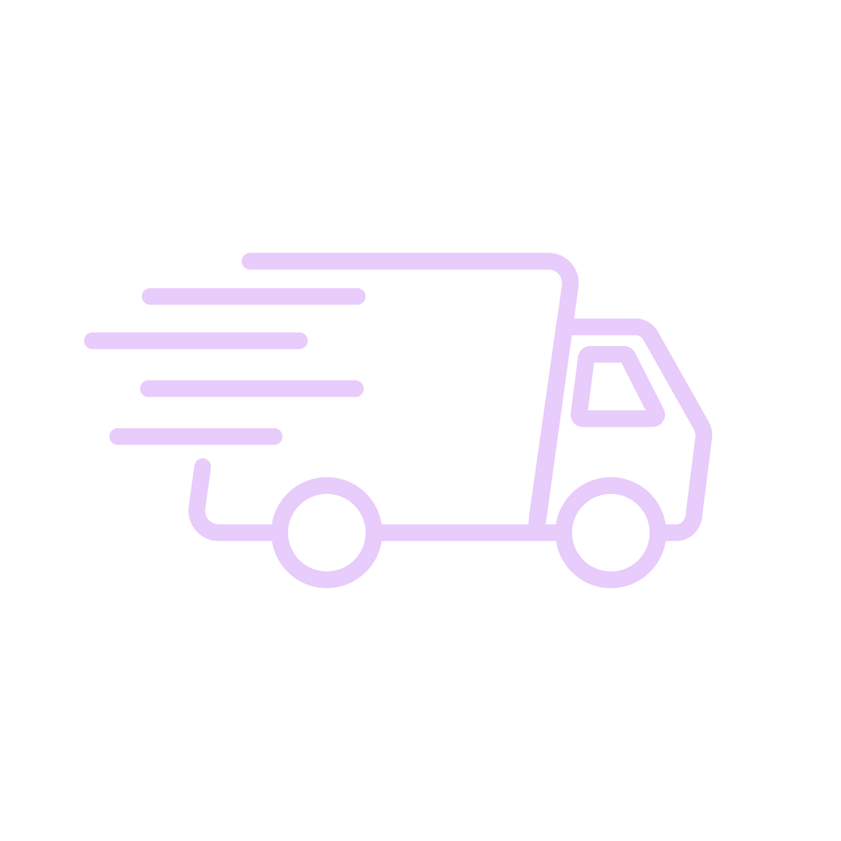 A light purple line icon of a delivery truck with speed lines on a white background, representing shipping or delivery service.