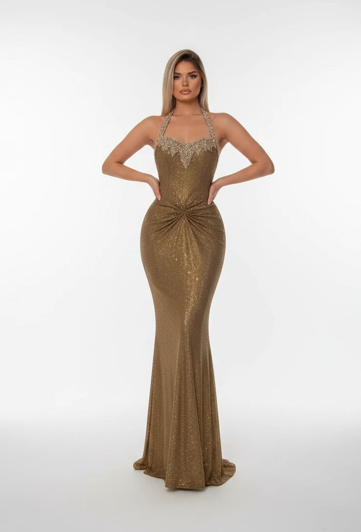 Women's Halter Sleeveless Beaded Mermaid Evening Dress