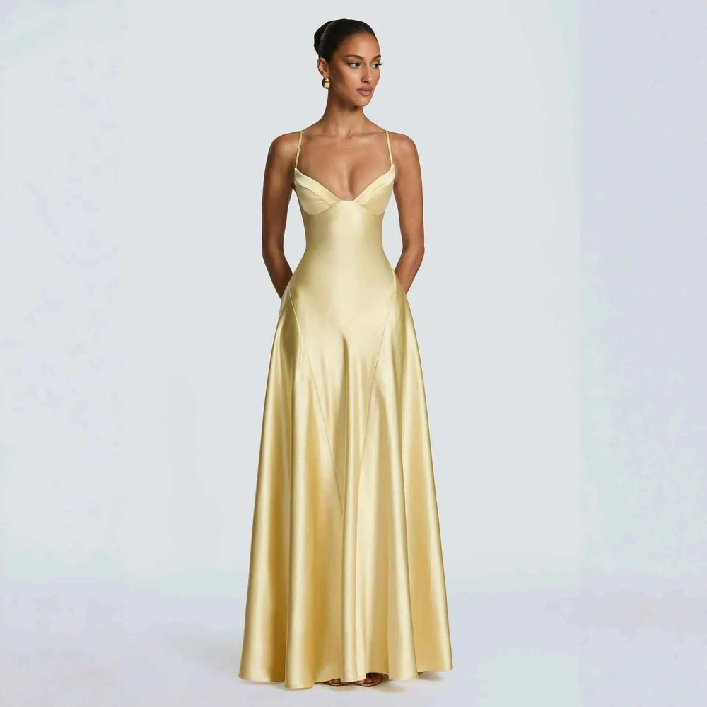 Women's Spaghetti Strap Satin Lace-Up Maxi Evening Dress