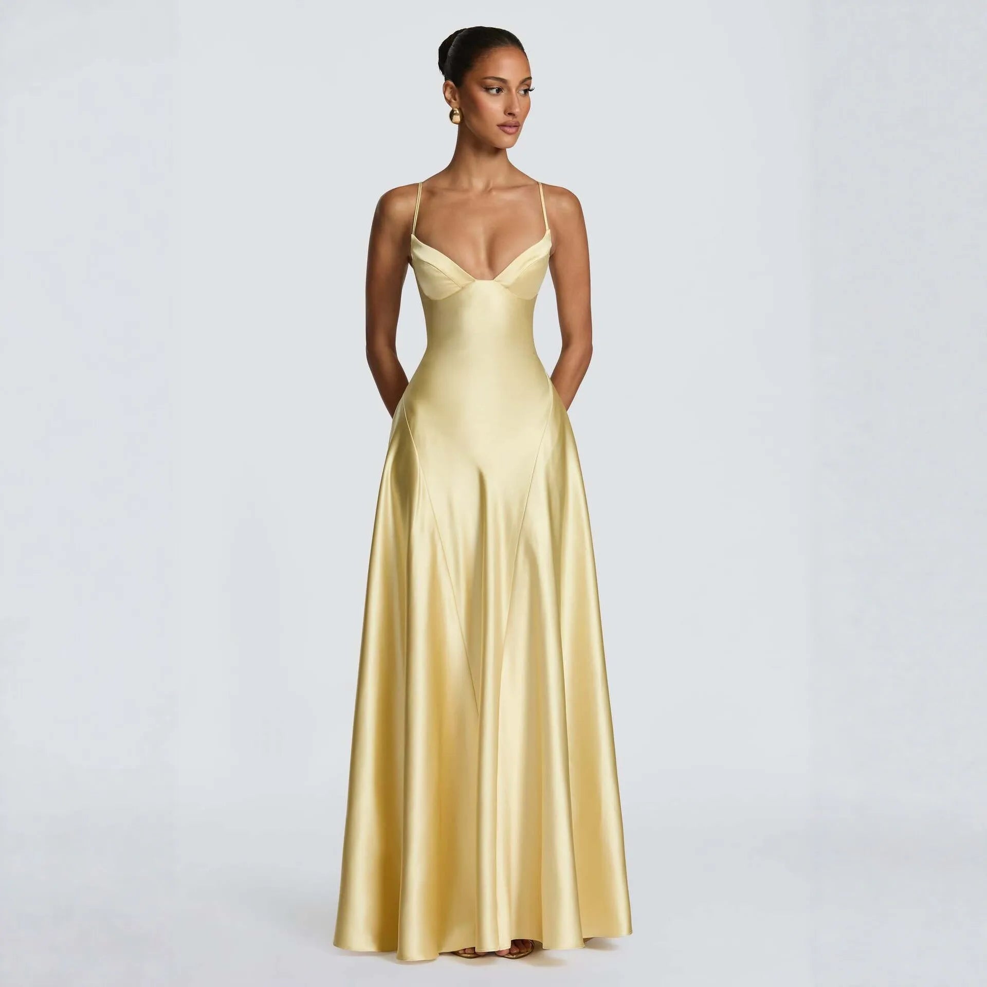 Women's Spaghetti Strap Satin Lace-Up Maxi Evening Dress