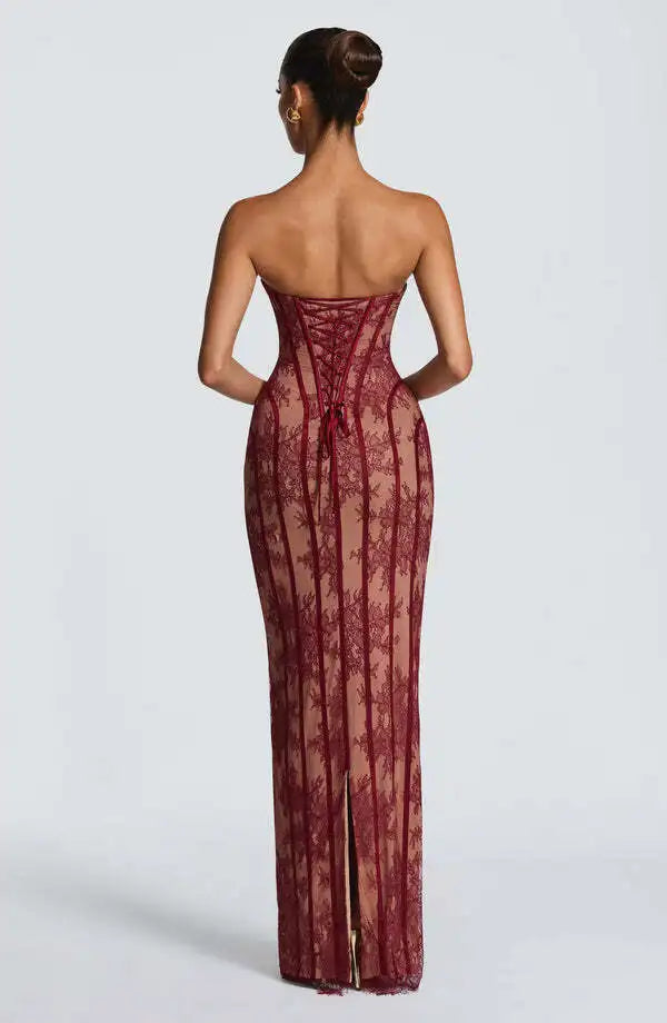 Women's Lace Patchwork Strapless Evening Party Dress