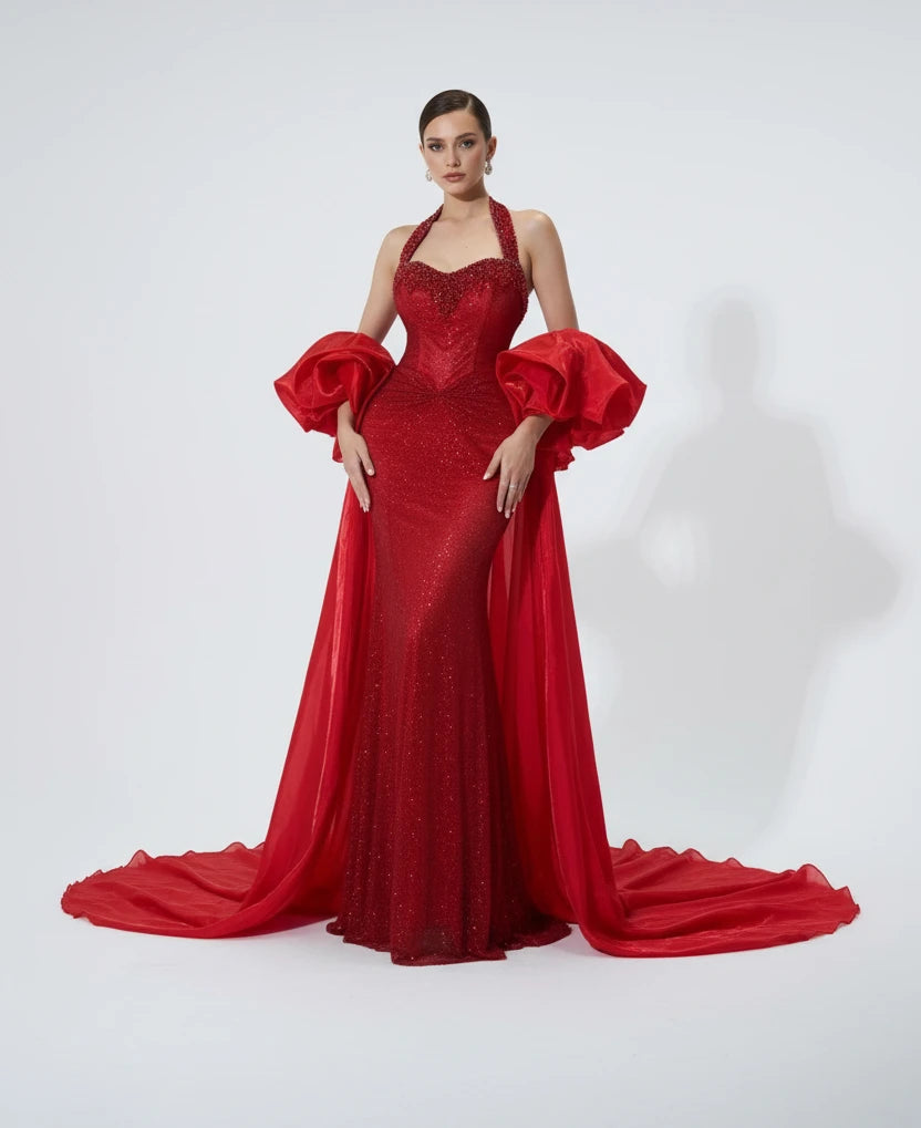 Women's Halter Sequined Mermaid Evening Dress Red