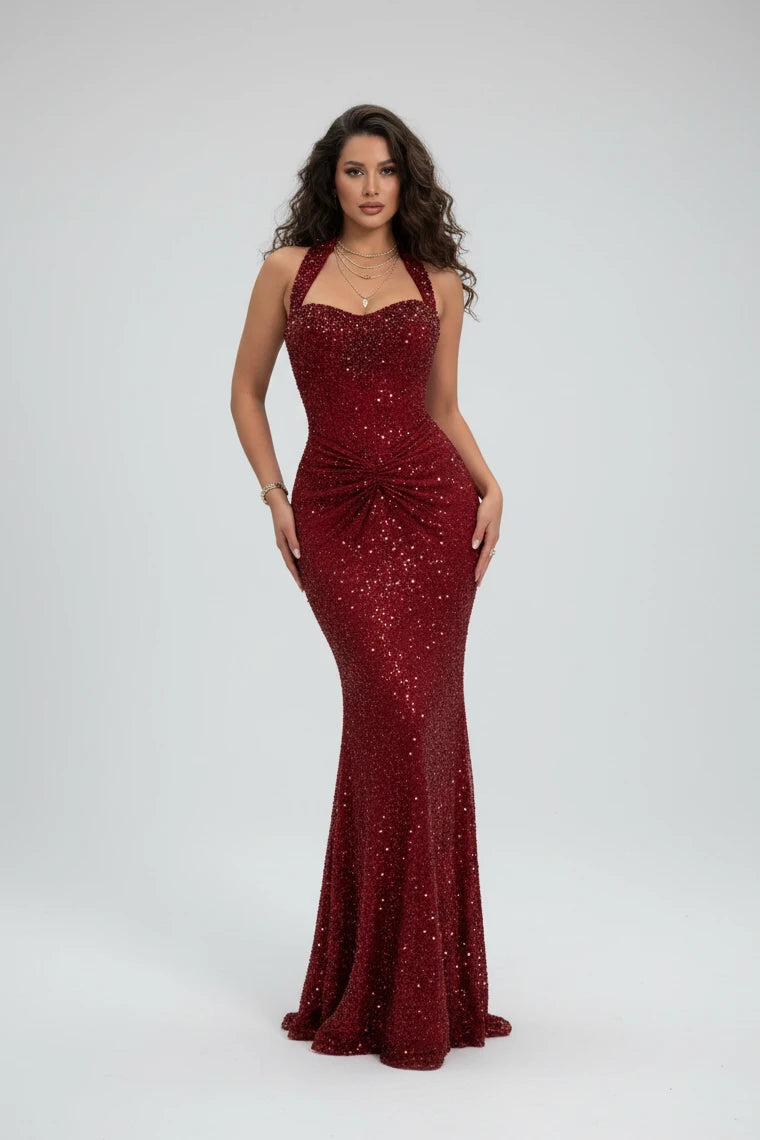 Women's Halter Sleeveless Beaded Mermaid Evening Dress