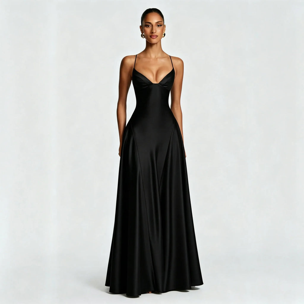 Women's Spaghetti Strap Satin Lace-Up Maxi Evening Dress