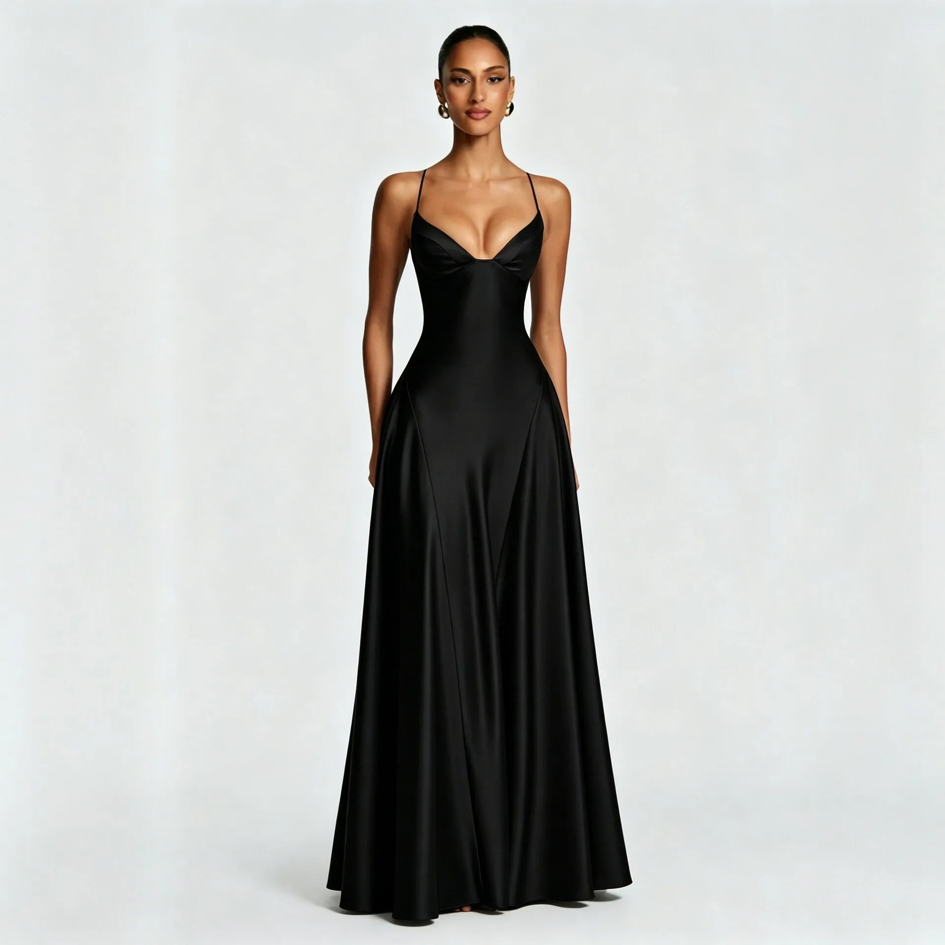 Women's Spaghetti Strap Satin Lace-Up Maxi Evening Dress