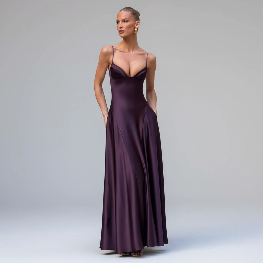 Women's Spaghetti Strap Satin Lace-Up Maxi Evening Dress