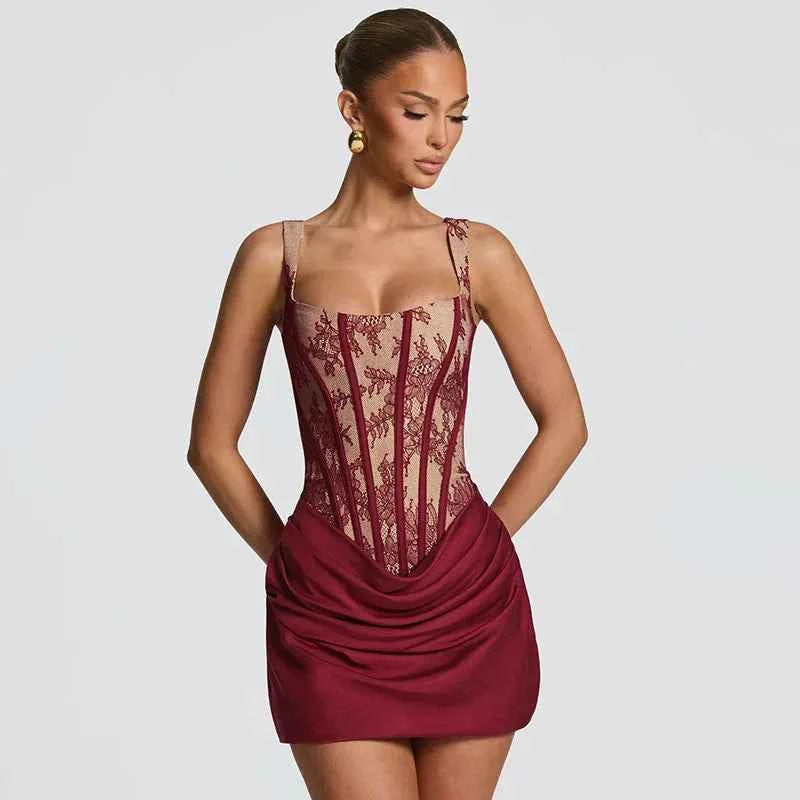 Women's Lace Mesh Corset Bodycon Mini Dress