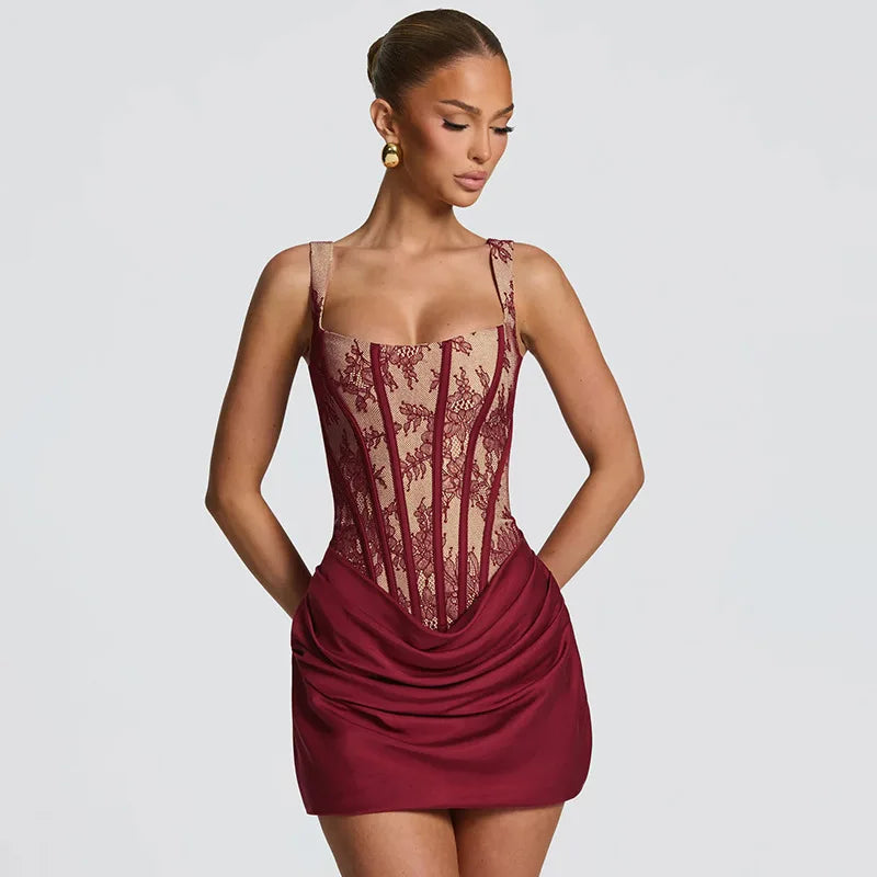 Women's Lace Mesh Corset Bodycon Mini Dress