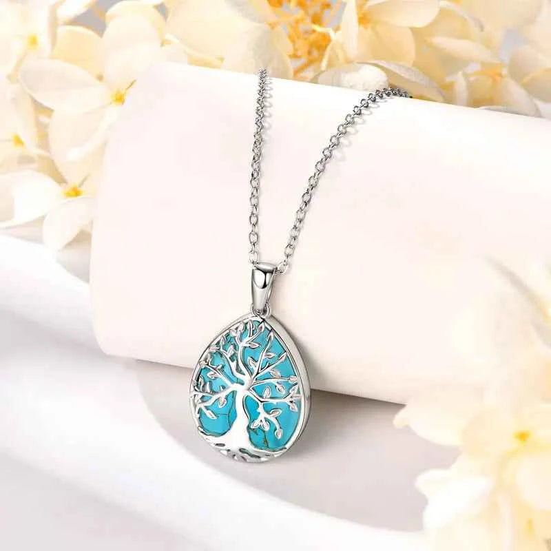 Pear Cut Turquoise Tree of Life Pendant Necklace