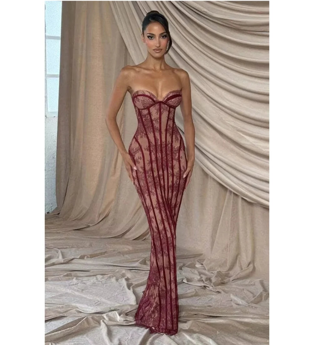 Women's Lace Patchwork Strapless Evening Party Dress