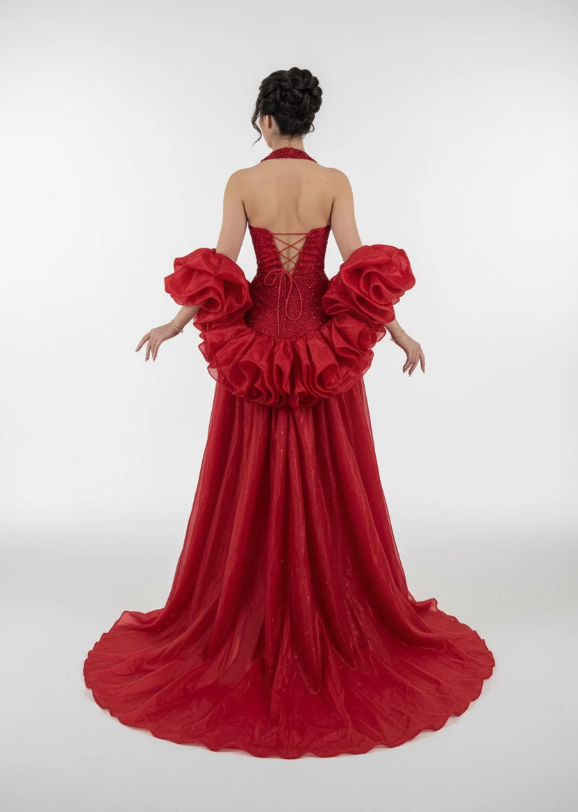 Women's Halter Sequined Mermaid Evening Dress Red