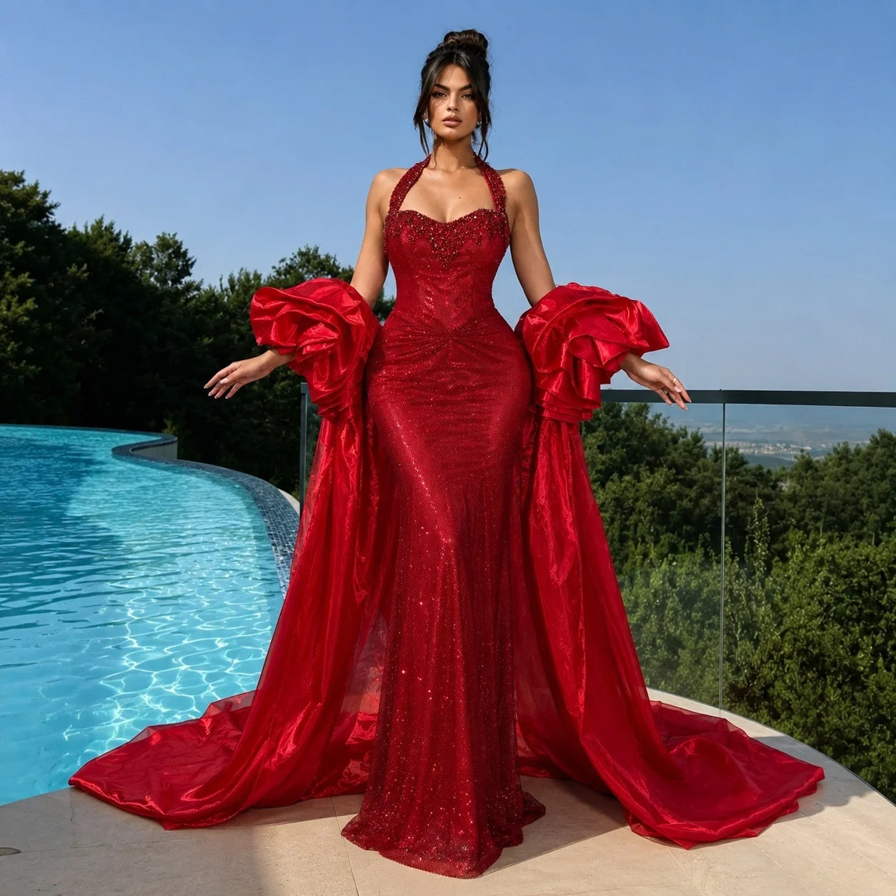Women's Halter Sequined Mermaid Evening Dress Red