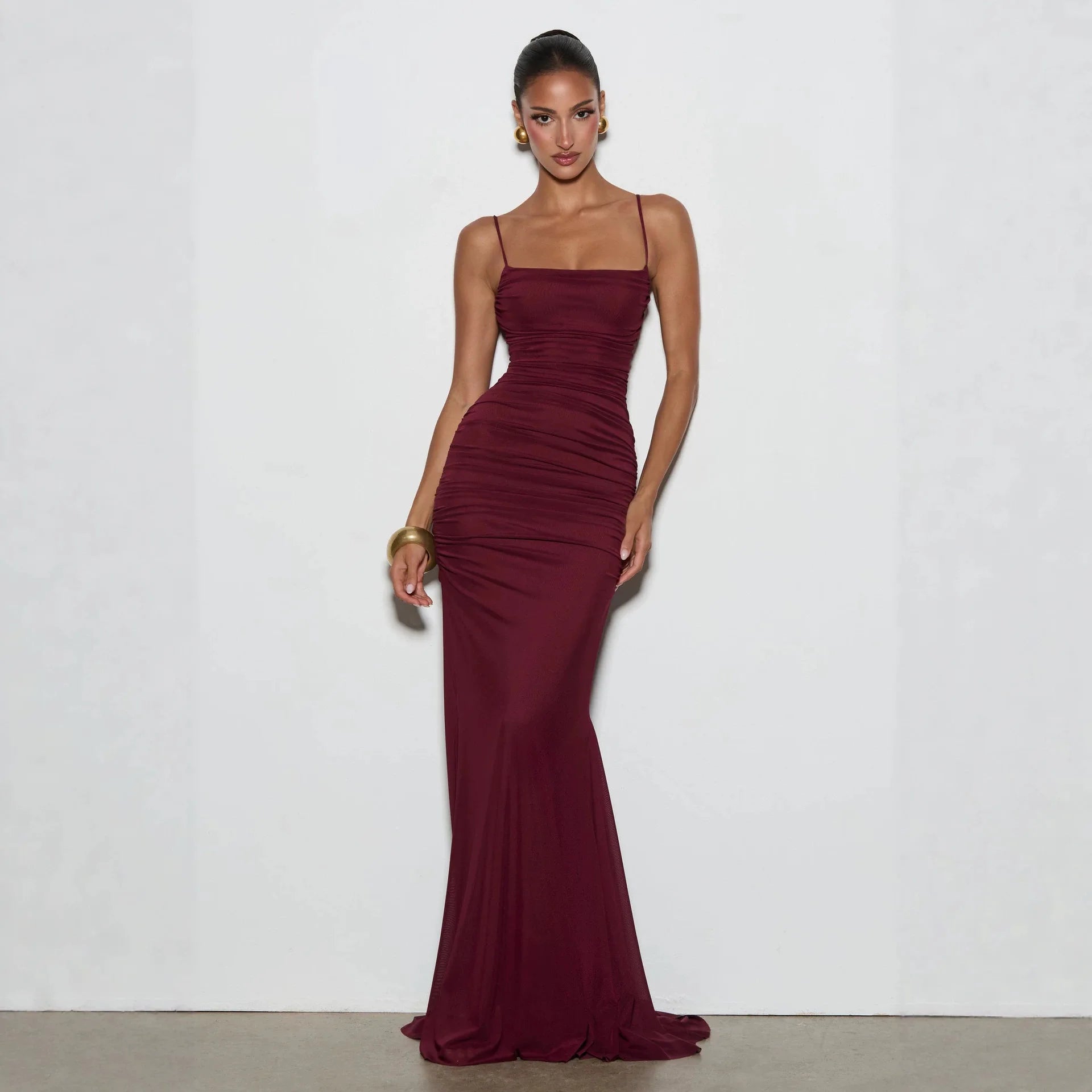 Women's Spaghetti Strap Ruched Mesh Maxi Evening Dress