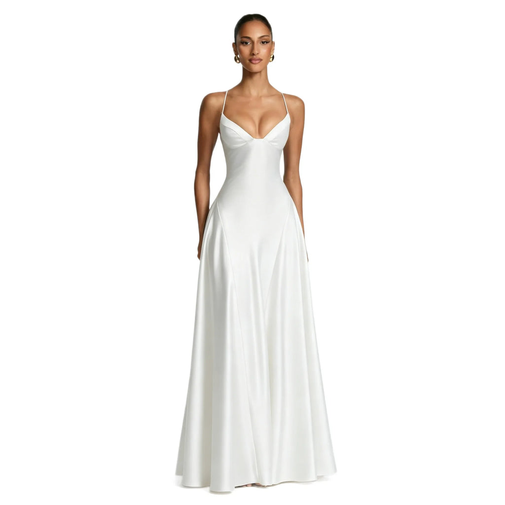 Women's Spaghetti Strap Satin Lace-Up Maxi Evening Dress