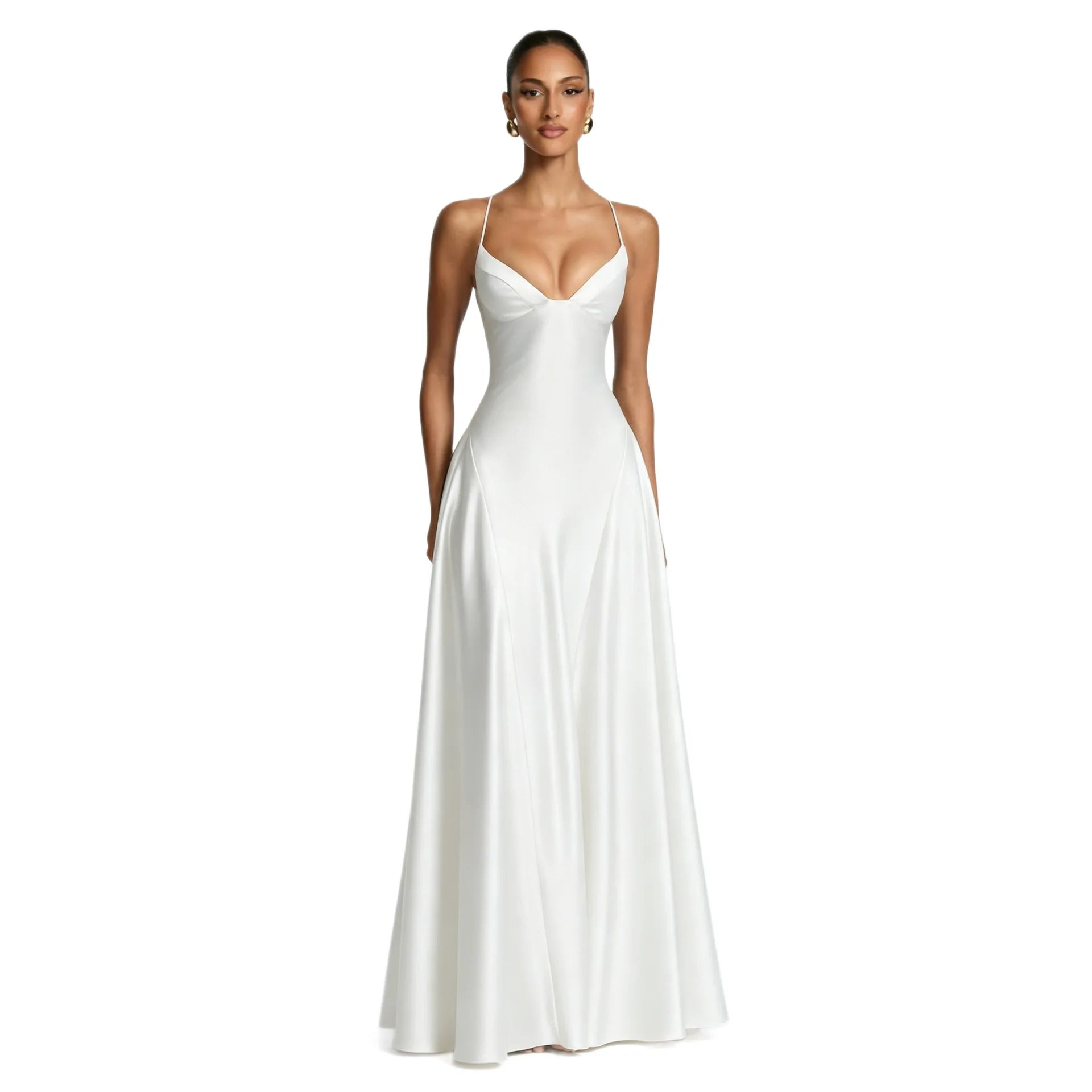 Women's Spaghetti Strap Satin Lace-Up Maxi Evening Dress