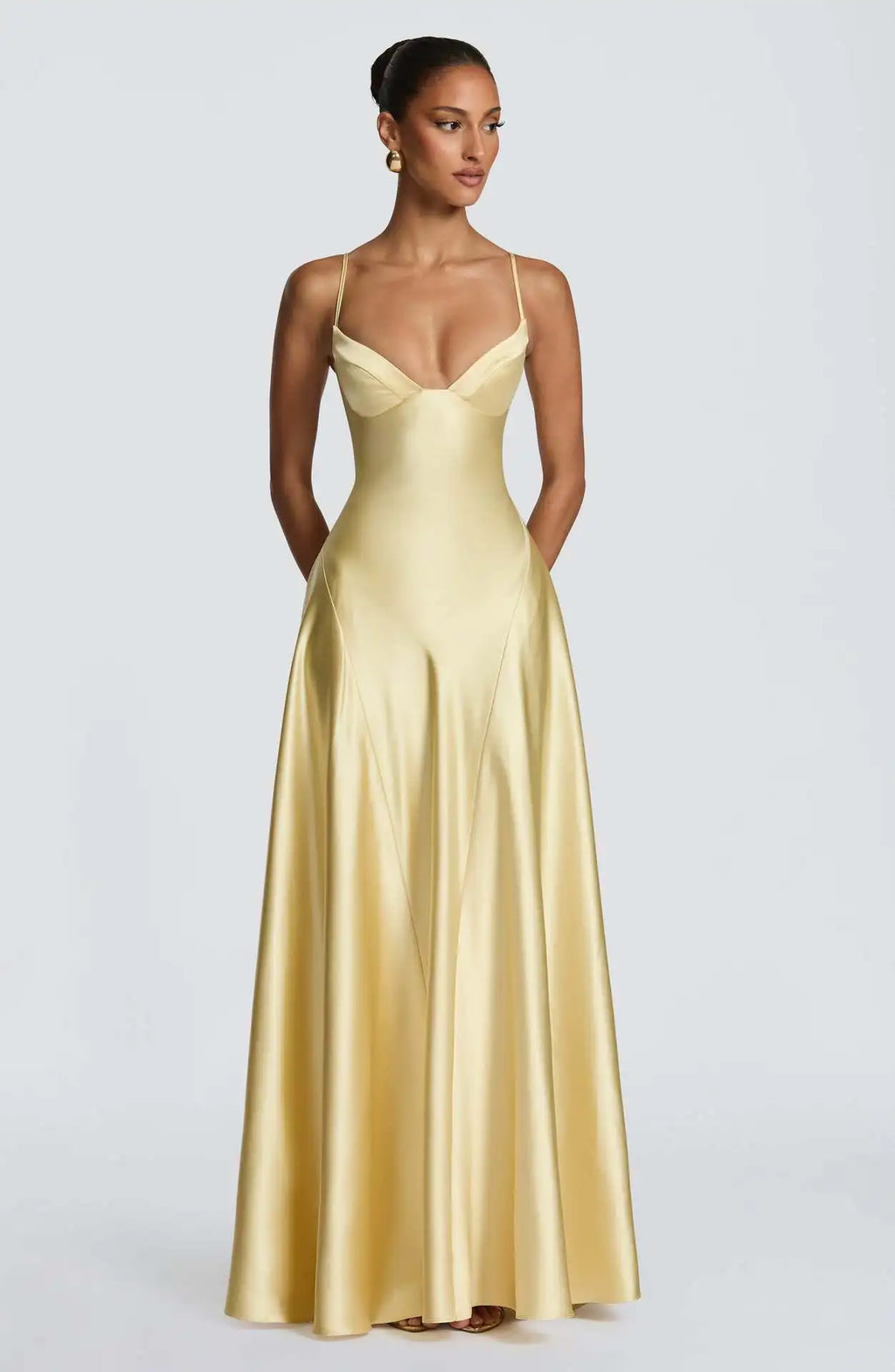 Women's Spaghetti Strap Satin Lace-Up Maxi Evening Dress