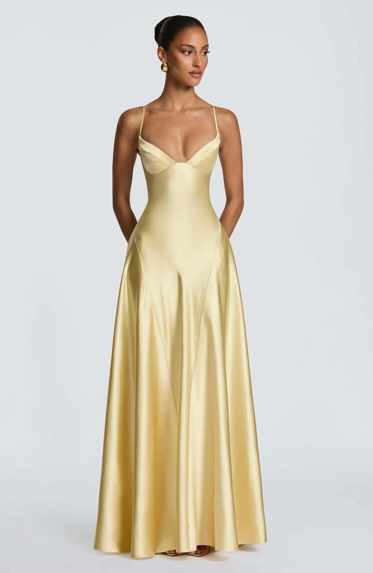 Women's Spaghetti Strap Satin Lace-Up Maxi Evening Dress