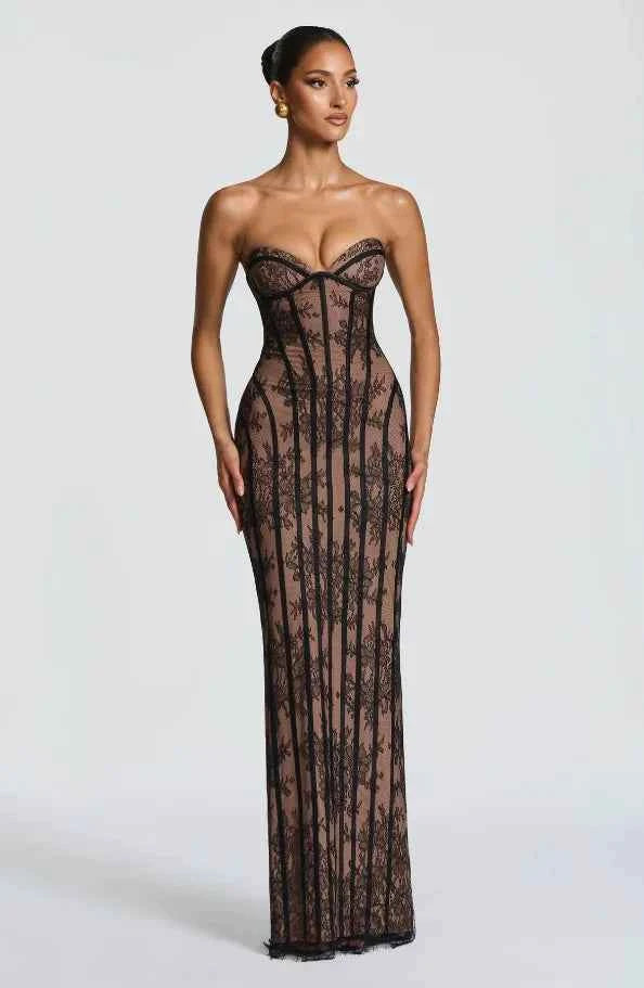 Women's Lace Patchwork Strapless Evening Party Dress