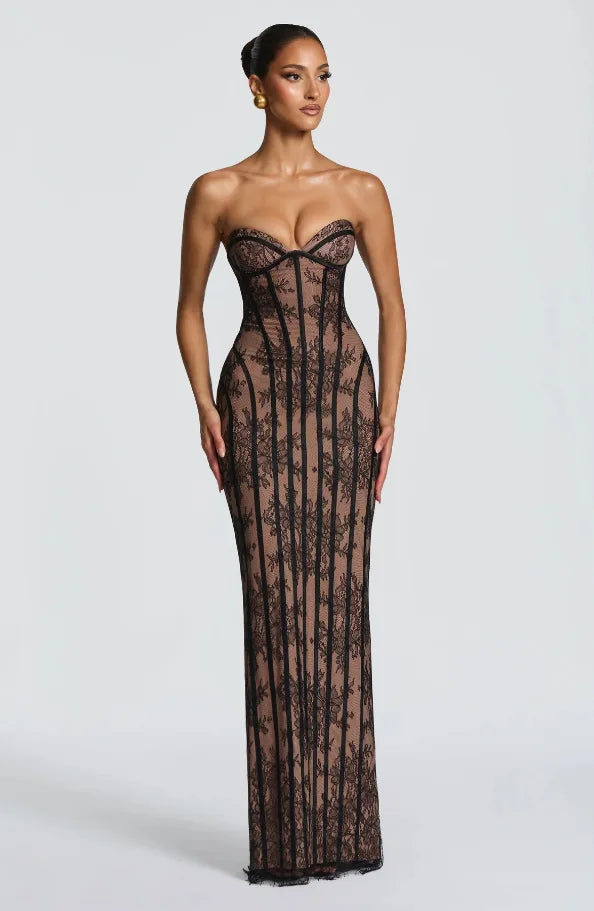 Women's Lace Patchwork Strapless Evening Party Dress