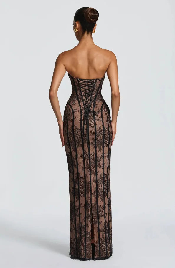 Women's Lace Patchwork Strapless Evening Party Dress