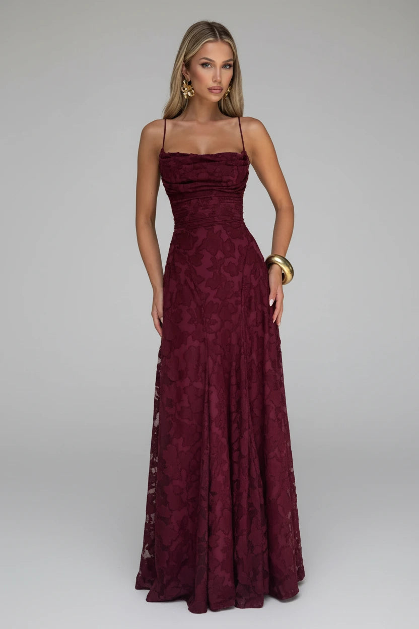 Women's Spaghetti Strap Jacquard Maxi Evening Dress
